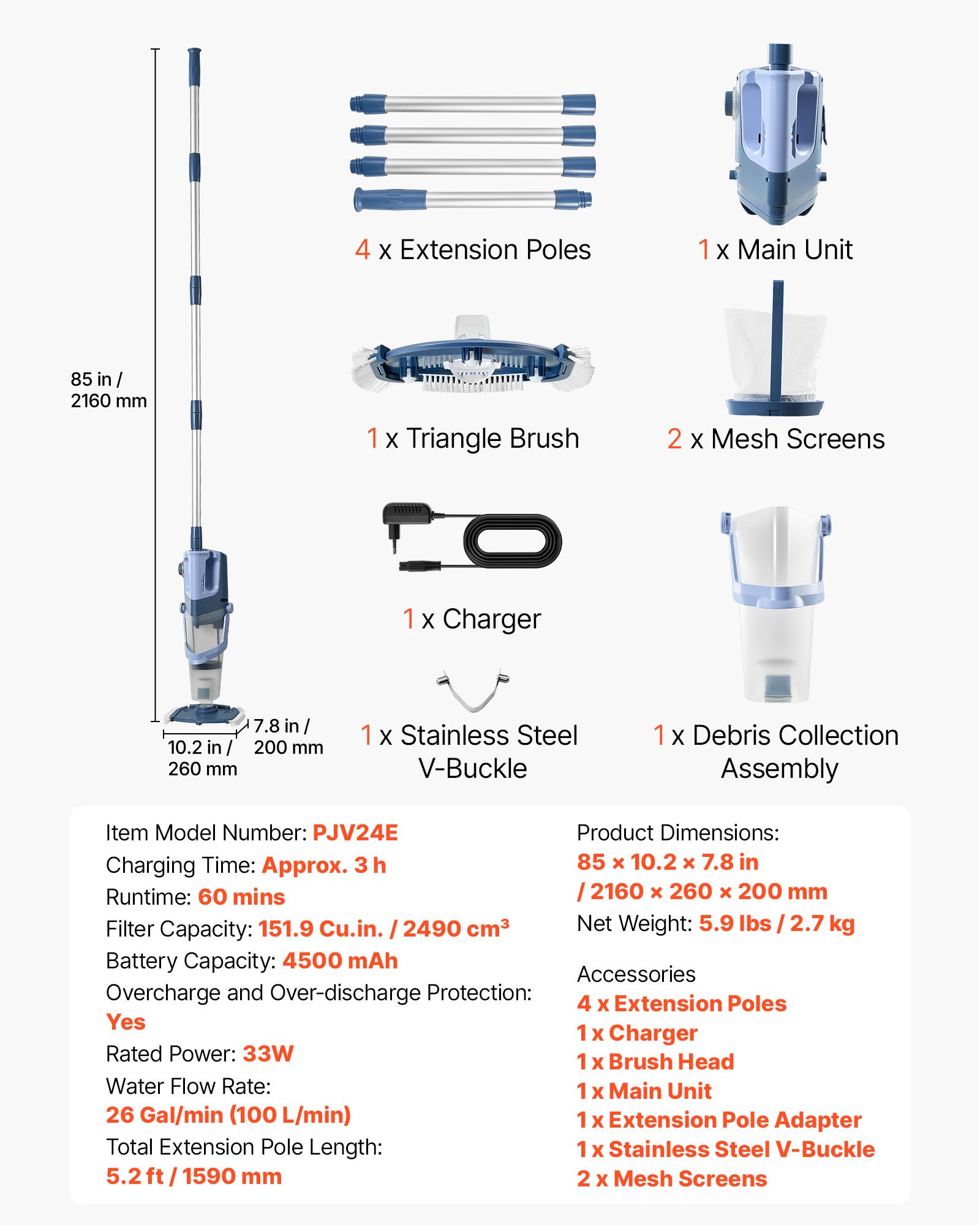 VEVOR Draadloze Zwembadstofzuiger, Handstofzuiger voor Zwembaden, Vloerstofzuiger, Onderwaterstofzuiger, 100L/min, Zwembadreiniger voor Bovengrondse Zwembaden, 60 Minuten Gebruiksduur, Krachtige Zuigkracht voor Bladeren en Vuil met Verlengstang