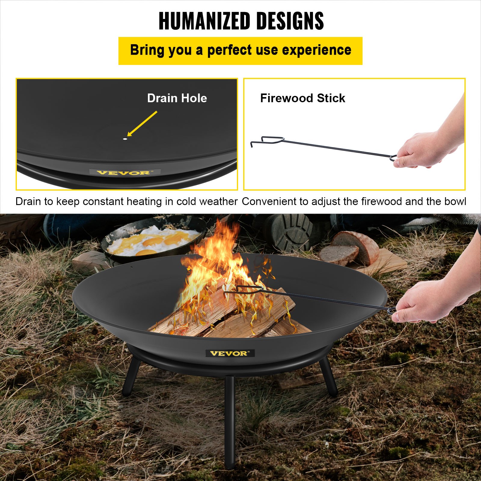 VEVOR Vuurkorf Buiten 55,5 cm Diameter Vuurschaal Zwart Geschilderd Koolstofstaal Outdoor Fire Bowl met 2-in-1 Functionele, Basis en Brandhoutstok Toegepast in Tuinen Patio's Parken Achtertuinen enz