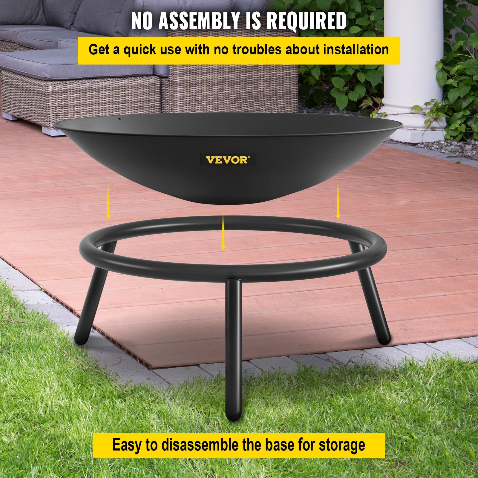VEVOR Vuurkorf Buiten 55,5 cm Diameter Vuurschaal Zwart Geschilderd Koolstofstaal Outdoor Fire Bowl met 2-in-1 Functionele, Basis en Brandhoutstok Toegepast in Tuinen Patio's Parken Achtertuinen enz