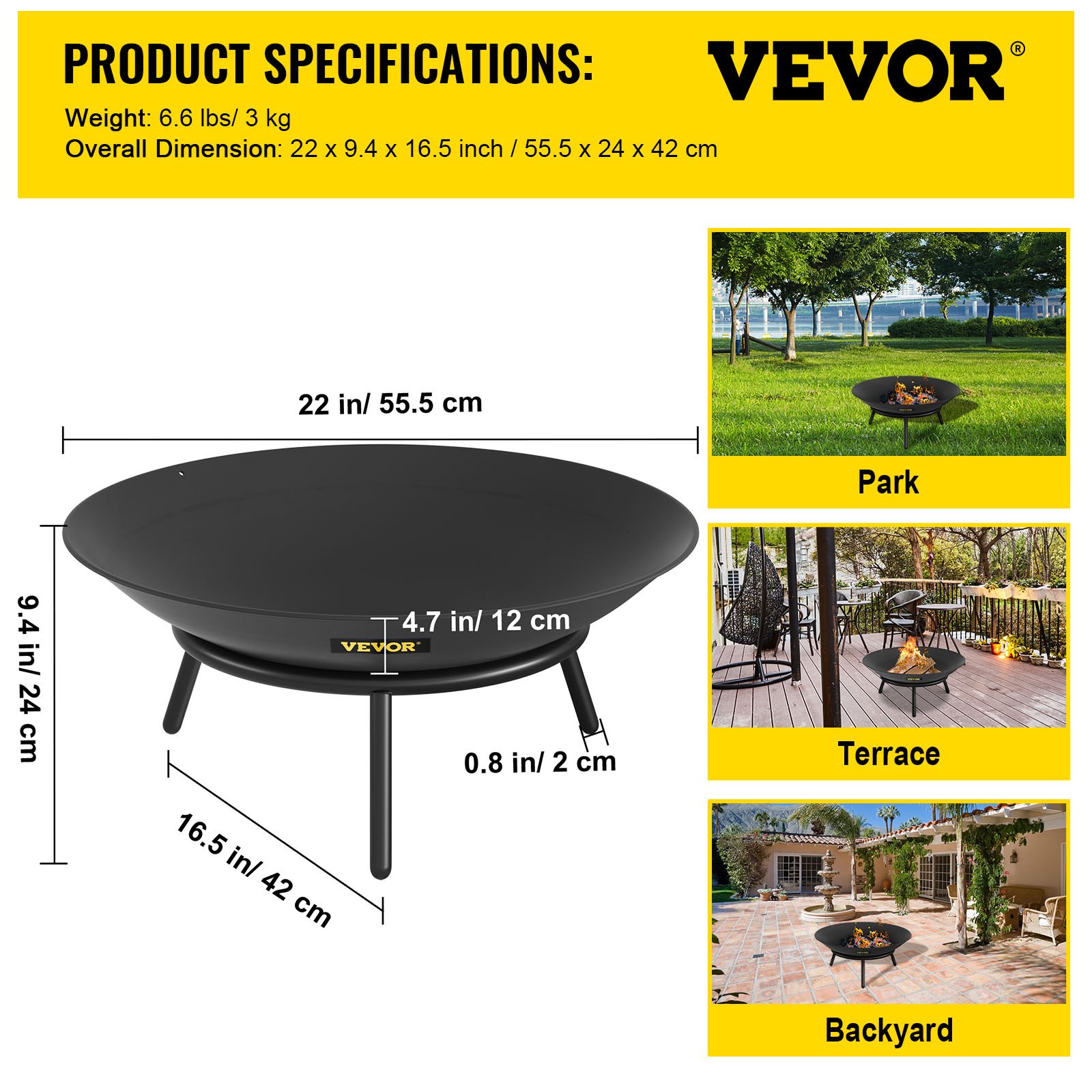VEVOR Vuurkorf Buiten 55,5 cm Diameter Vuurschaal Zwart Geschilderd Koolstofstaal Outdoor Fire Bowl met 2-in-1 Functionele, Basis en Brandhoutstok Toegepast in Tuinen Patio's Parken Achtertuinen enz