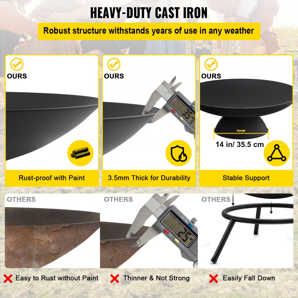 VEVOR Vuurkorf Buiten 76 cm Diameter Vuurschaal Zwarte Outdoor Fire Bowl Gemaakt van Geschilderd Gietijzer met 2-in-1 Functionele, Basis en Brandhoutstok Toegepast in Tuinen Parken Achtertuinen enz