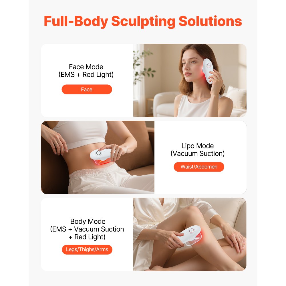 VEVOR 3-in-1 apparaat voor lichaamscontouren, elektrische cellulitismassager met 3 instelbare functies en 60 minuten draadloos gebruik, cuppingmassage voor rug, buik, taille, armen en benen.