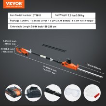 VEVOR telescopische heggenschaar 20V heggenschaar koperen motor 1200 rpm elektrische heggenschaar 46cm meslengte 188-239cm uitschuifbaar 16mm snijdiameter 30-150° draaibaar incl. snellader accu