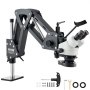 VEVOR microscope 7x-45x on an adjustable arm stand with accessories including screws, washers, and tools.