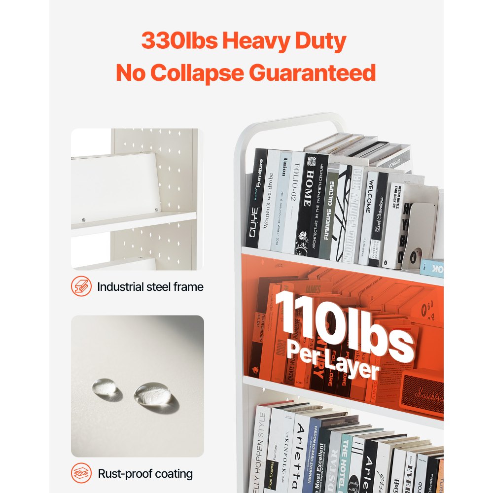 VEVOR Rolling Library Book Cart, 330 lbs Capacity, 38.2 x 20.3 x 48.2-Inch Library Cart, Double Sided W-Shaped Shelves with 3-Inch Lockable Wheels, Book Truck for Home Shelves Office and School, White