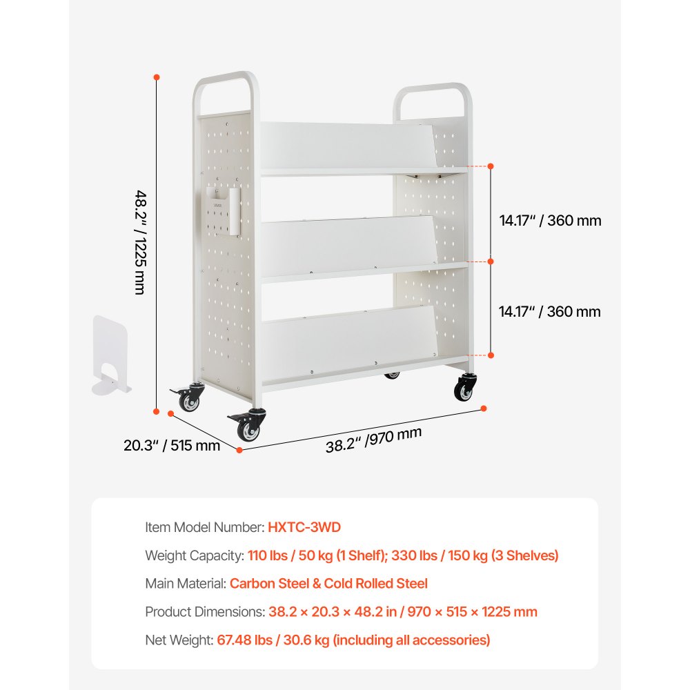VEVOR Rolling Library Book Cart, 330 lbs Capacity, 38.2 x 20.3 x 48.2-Inch Library Cart, Double Sided W-Shaped Shelves with 3-Inch Lockable Wheels, Book Truck for Home Shelves Office and School, White