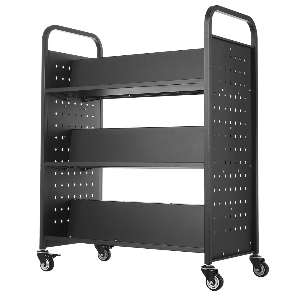 VEVOR Boekenwagen, draagvermogen 159 kg, Bibliotheekwagen, 970 x 515 x 1225 mm, dubbelzijdige W-vormige boekenplank met dubbele remwielen, Opruimwagen voor woonkamer, kantoor, school, zwart