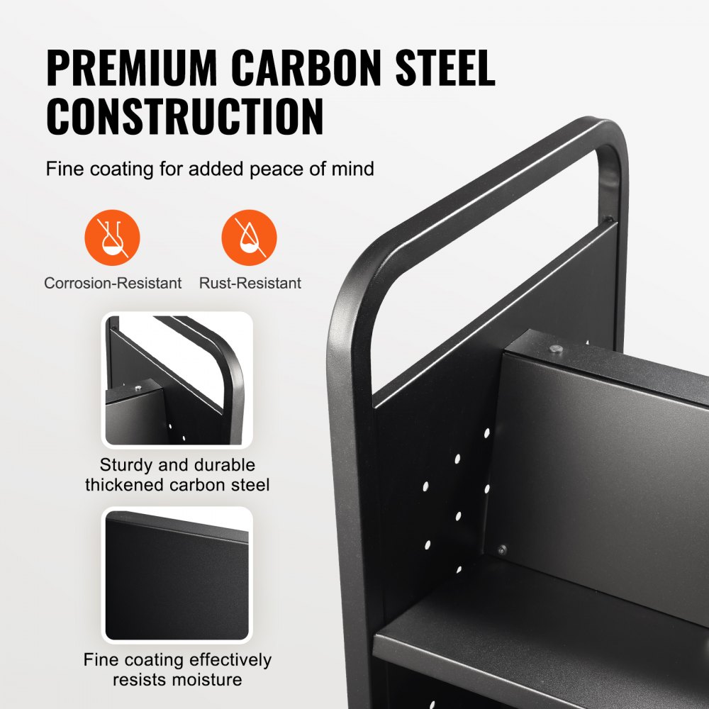 VEVOR Bibliotheekwagen 1000 x 510 x 1250 mm Opbergwagen 3 planken Boekenwagen Koolstofstaal + koudgewalst staalplaat Serveerwagen Draagvermogen 150 kg (50 kg per plank) Inclusief 2 boekensteunen