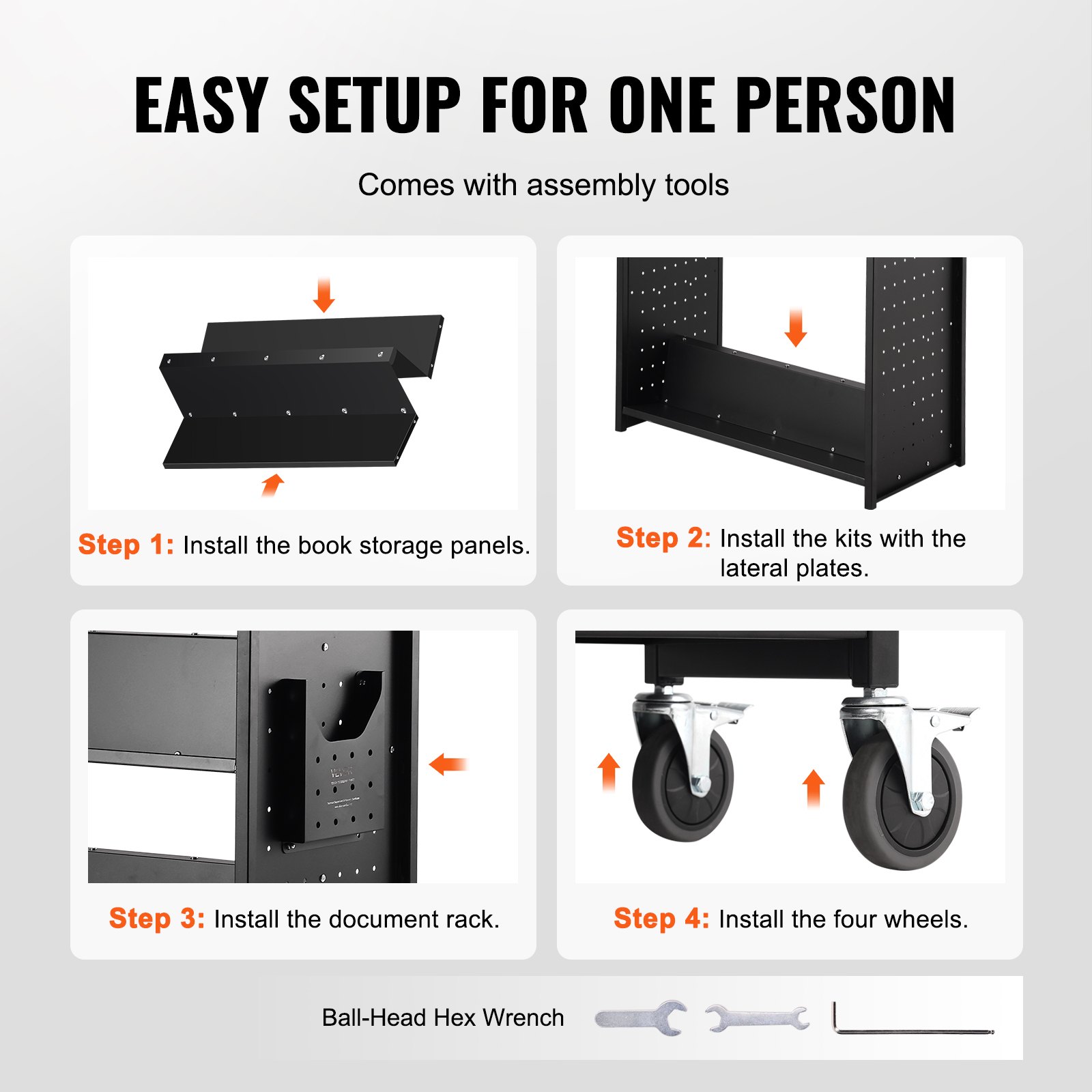 VEVOR Bibliotheekwagen 1000 x 510 x 1250 mm Opbergwagen 3 planken Boekenwagen Koolstofstaal + koudgewalst staalplaat Serveerwagen Draagvermogen 150 kg (50 kg per plank) Inclusief 2 boekensteunen
