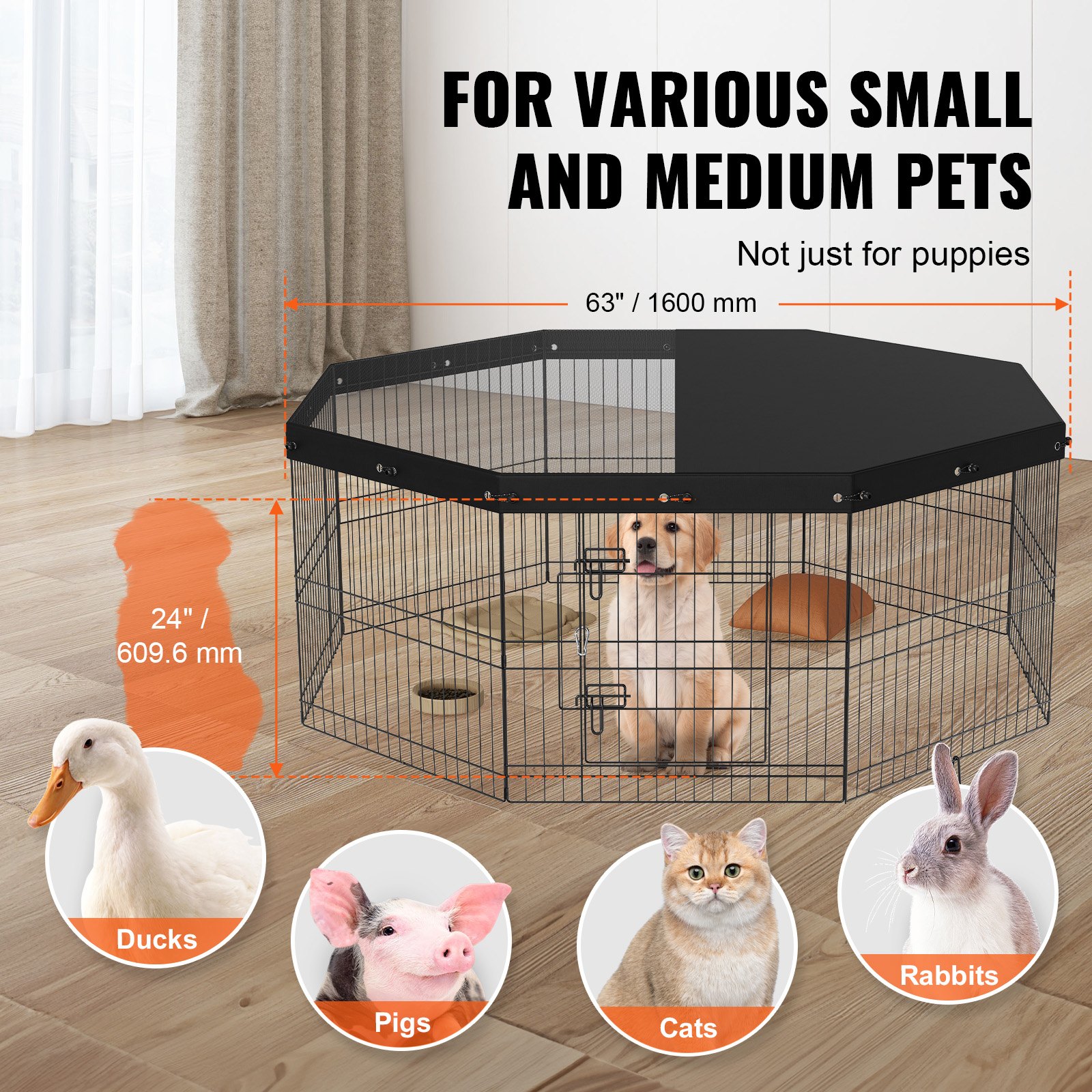 VEVOR Puppy Playpen 8-delige puppyren 609,6 cm hoog Hondenren met deksel van 600D Oxford-stof Hondenren van Q235 Hondenren met vrije uitloop voor kleine en middelgrote huisdieren