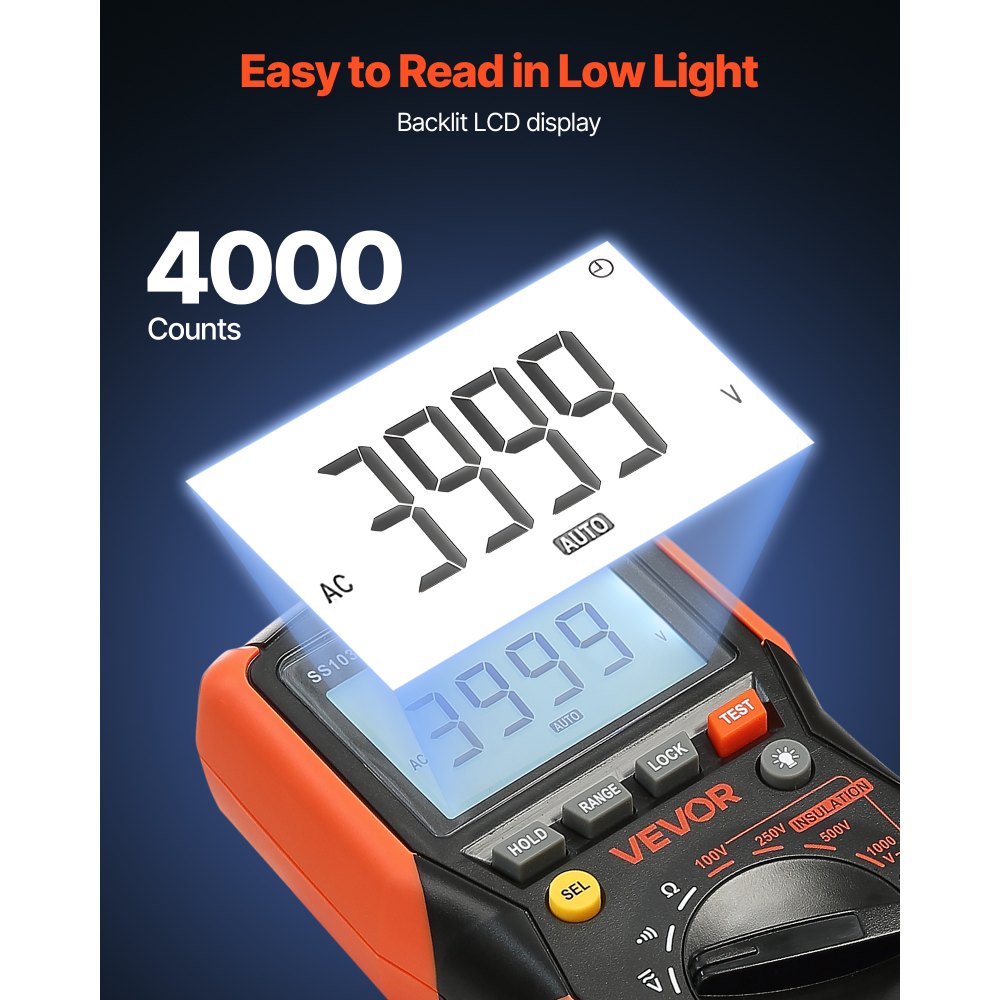 VEVOR Digitale Multimeter, 4000 TRMS Voltmeter Ohmmeter, 1000V AC/DC Spanningstester met omschakelbaar automatisch/handmatig bereik voor spannings-, weerstands- en continuïteitsmeting
