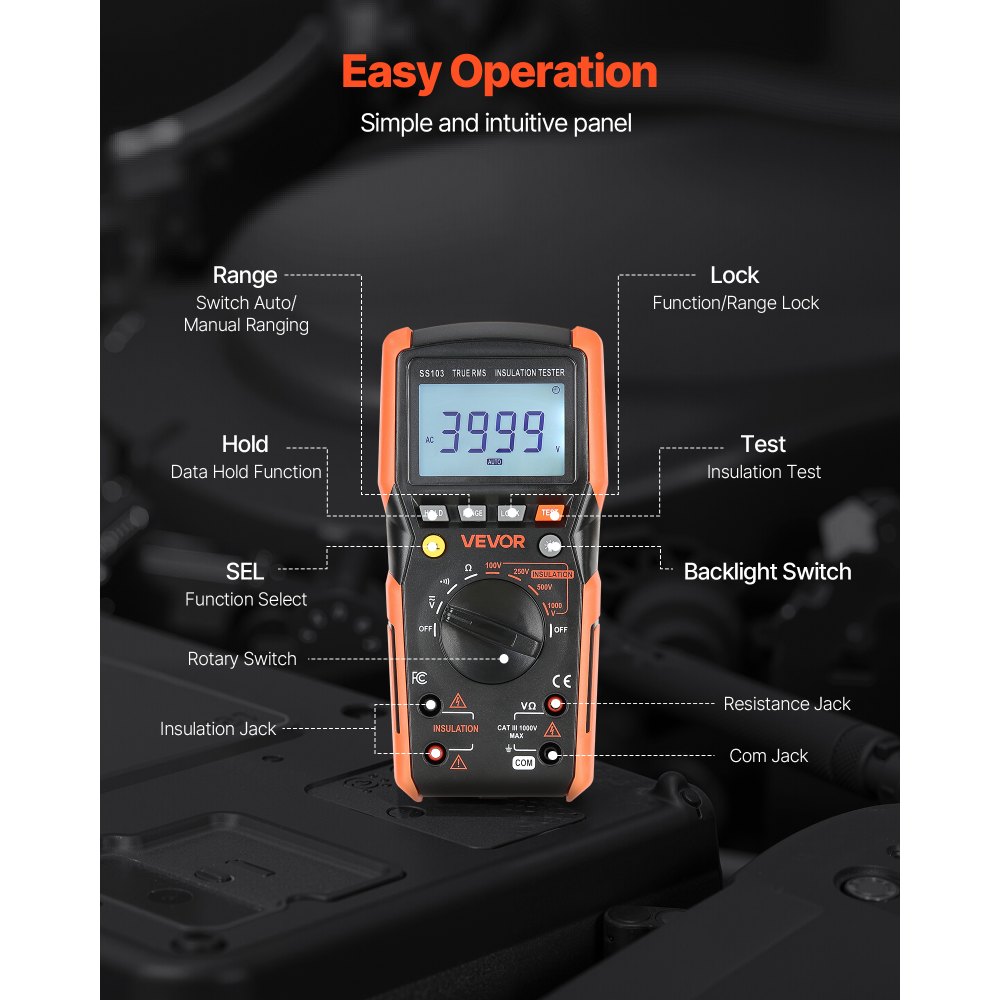 VEVOR Digitale Multimeter, 4000 TRMS Voltmeter Ohmmeter, 1000V AC/DC Spanningstester met omschakelbaar automatisch/handmatig bereik voor spannings-, weerstands- en continuïteitsmeting
