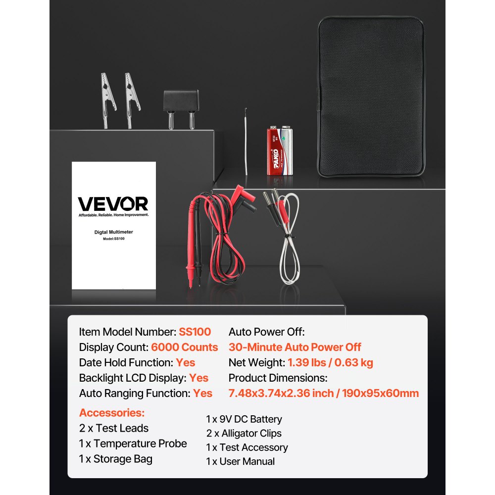 VEVOR digitale multimeter, 6000 TRMS DC/AC voltmeter en stroomtester, automatische bereikinstelling voor stroom, spanning, weerstand, capaciteit, temperatuur, diodes, continuïteit en lage impedantiemeting