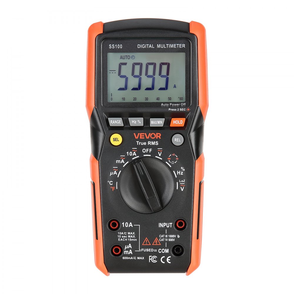 VEVOR digitale multimeter, 6000 TRMS DC/AC voltmeter en stroomtester, automatische bereikinstelling voor stroom, spanning, weerstand, capaciteit, temperatuur, diodes, continuïteit en lage impedantiemeting
