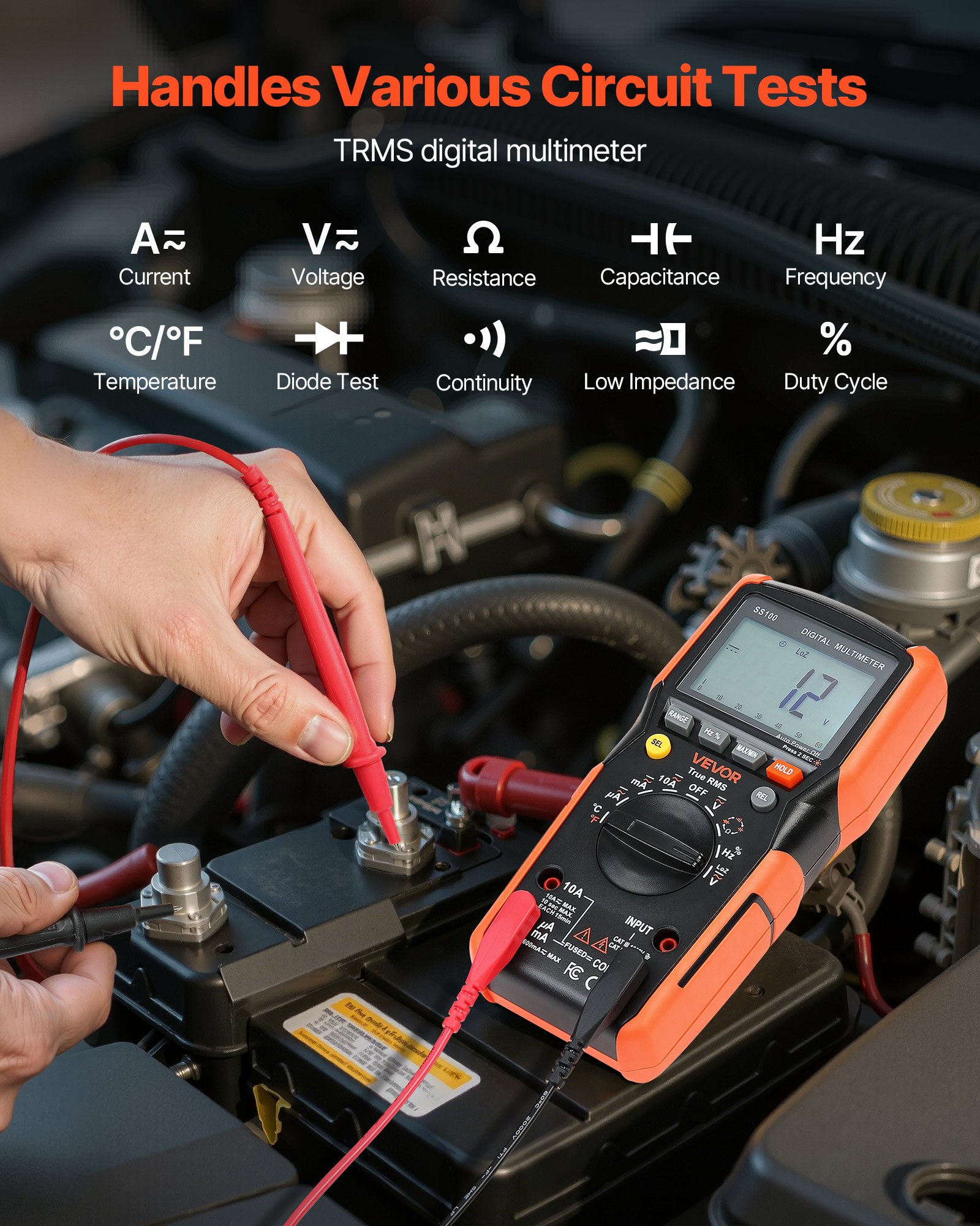 VEVOR digitale multimeter, 6000 TRMS DC/AC voltmeter en stroomtester, automatische bereikinstelling voor stroom, spanning, weerstand, capaciteit, temperatuur, diodes, continuïteit en lage impedantiemeting