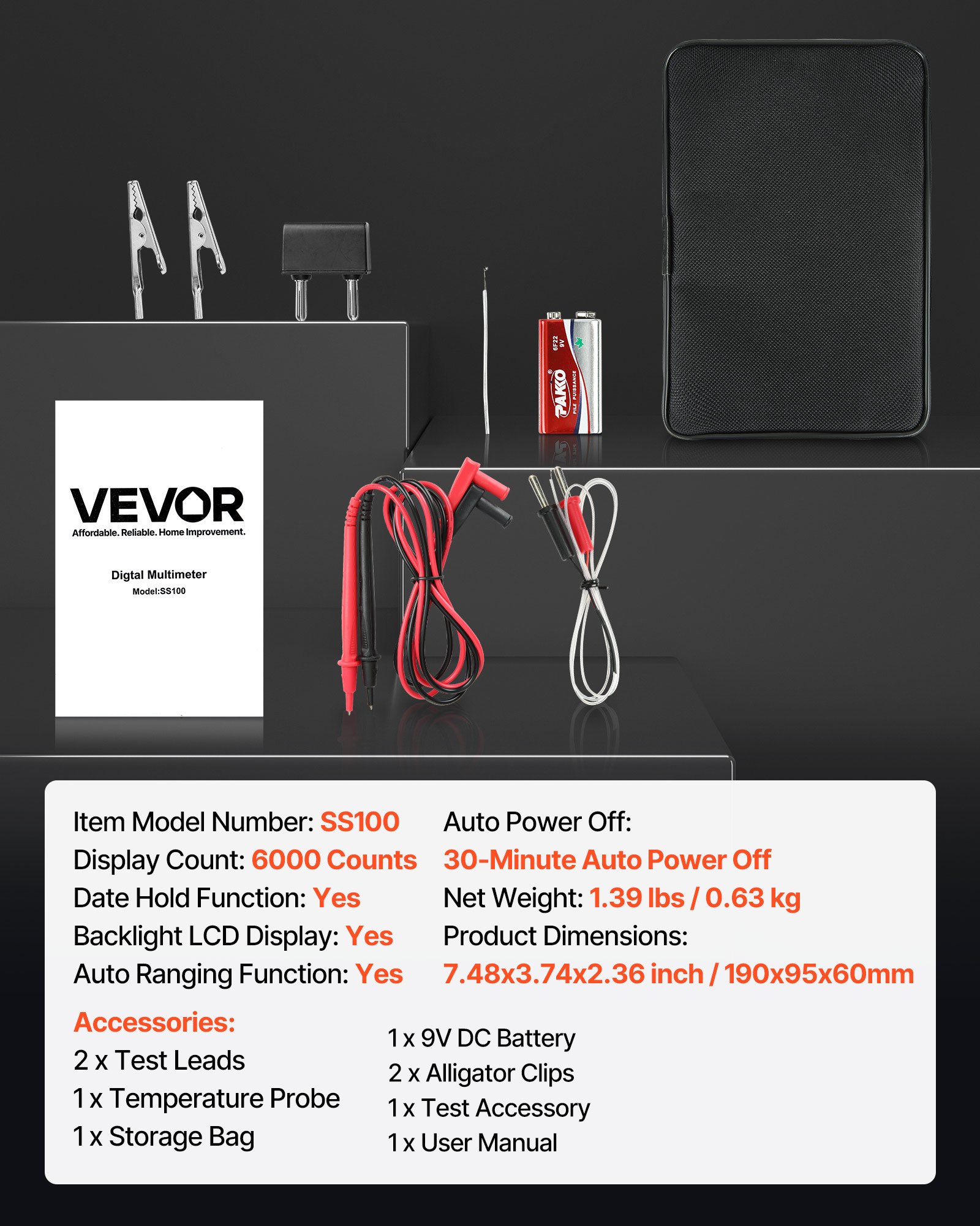 VEVOR digitale multimeter, 6000 TRMS DC/AC voltmeter en stroomtester, automatische bereikinstelling voor stroom, spanning, weerstand, capaciteit, temperatuur, diodes, continuïteit en lage impedantiemeting