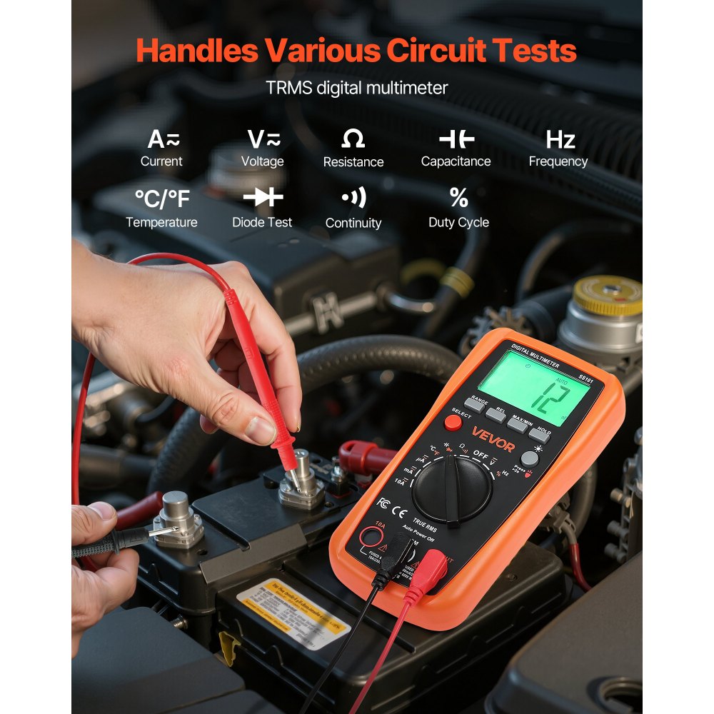 VEVOR digitale multimeter, 4000 TRMS DC/AC voltmeter, stroomtester, multimeter met automatisch bereik voor stroom, spanning, weerstand, capaciteit, temperatuur, diodes, continuïteit en duty cycle
