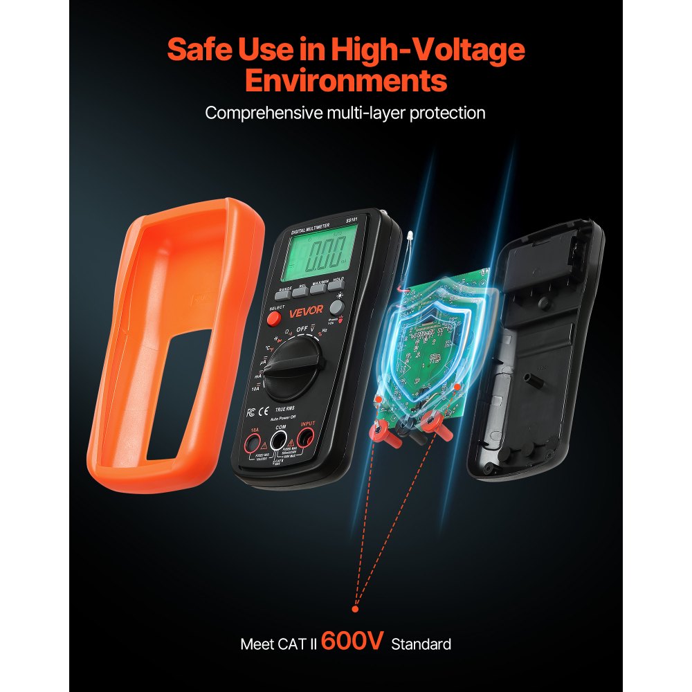 VEVOR digitale multimeter, 4000 TRMS DC/AC voltmeter, stroomtester, multimeter met automatisch bereik voor stroom, spanning, weerstand, capaciteit, temperatuur, diodes, continuïteit en duty cycle