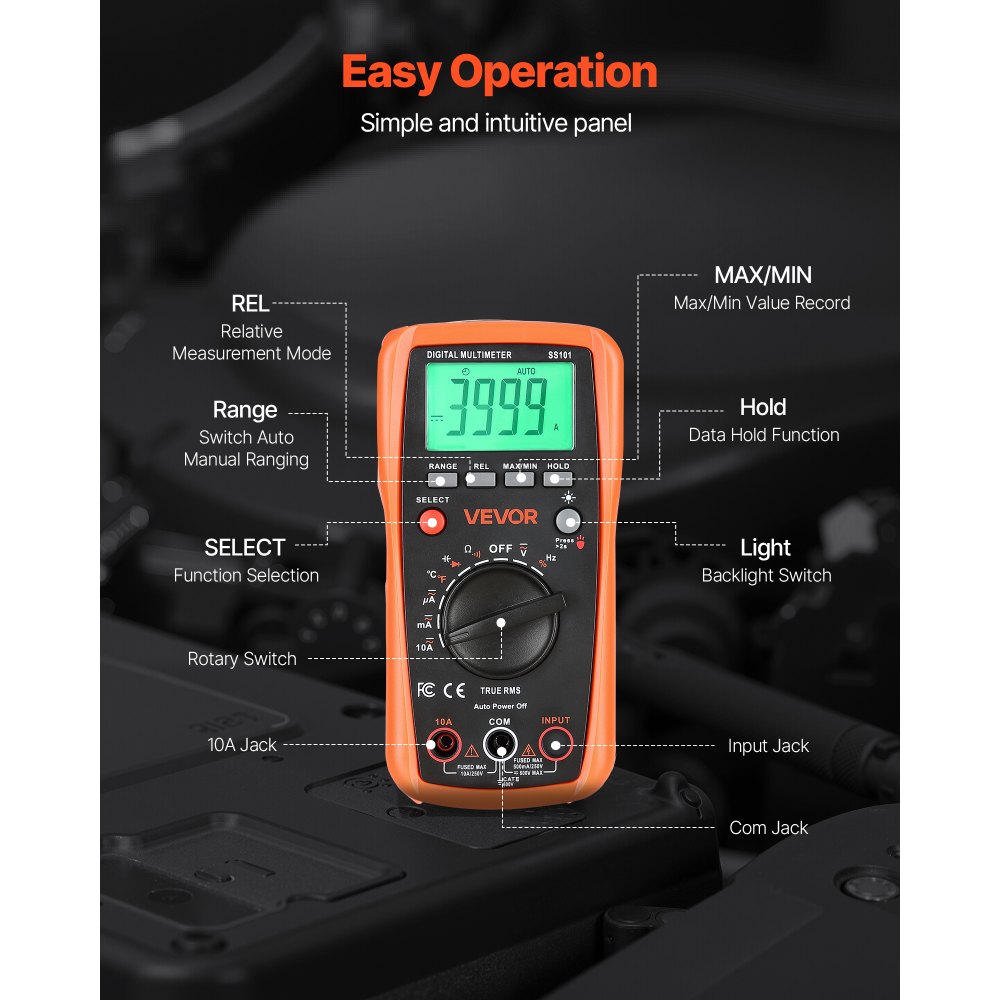 VEVOR digitale multimeter, 4000 TRMS DC/AC voltmeter, stroomtester, multimeter met automatisch bereik voor stroom, spanning, weerstand, capaciteit, temperatuur, diodes, continuïteit en duty cycle