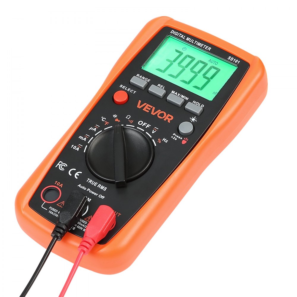 VEVOR digitale multimeter, 4000 TRMS DC/AC voltmeter, stroomtester, multimeter met automatisch bereik voor stroom, spanning, weerstand, capaciteit, temperatuur, diodes, continuïteit en duty cycle