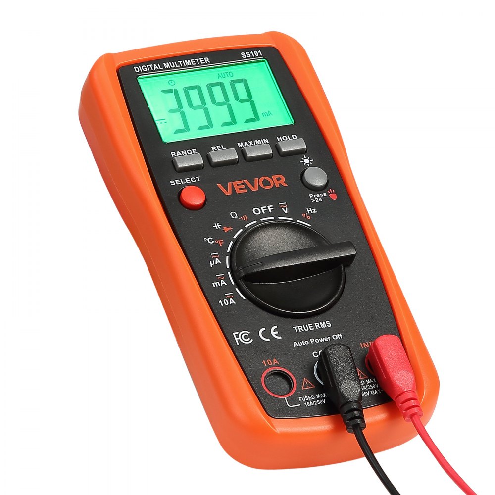VEVOR digitale multimeter, 4000 TRMS DC/AC voltmeter, stroomtester, multimeter met automatisch bereik voor stroom, spanning, weerstand, capaciteit, temperatuur, diodes, continuïteit en duty cycle