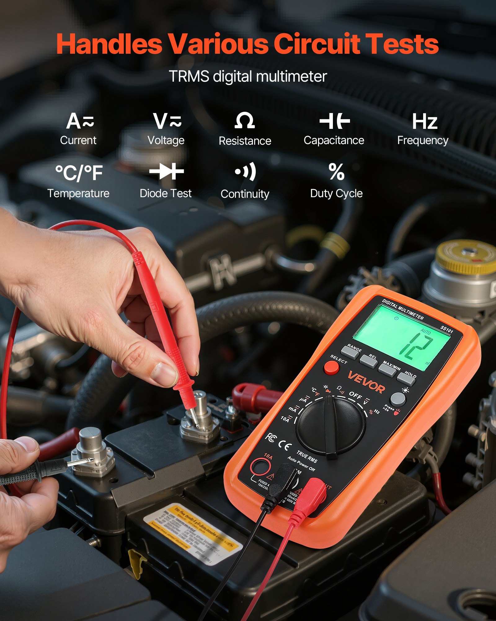 VEVOR digitale multimeter, 4000 TRMS DC/AC voltmeter, stroomtester, multimeter met automatisch bereik voor stroom, spanning, weerstand, capaciteit, temperatuur, diodes, continuïteit en duty cycle