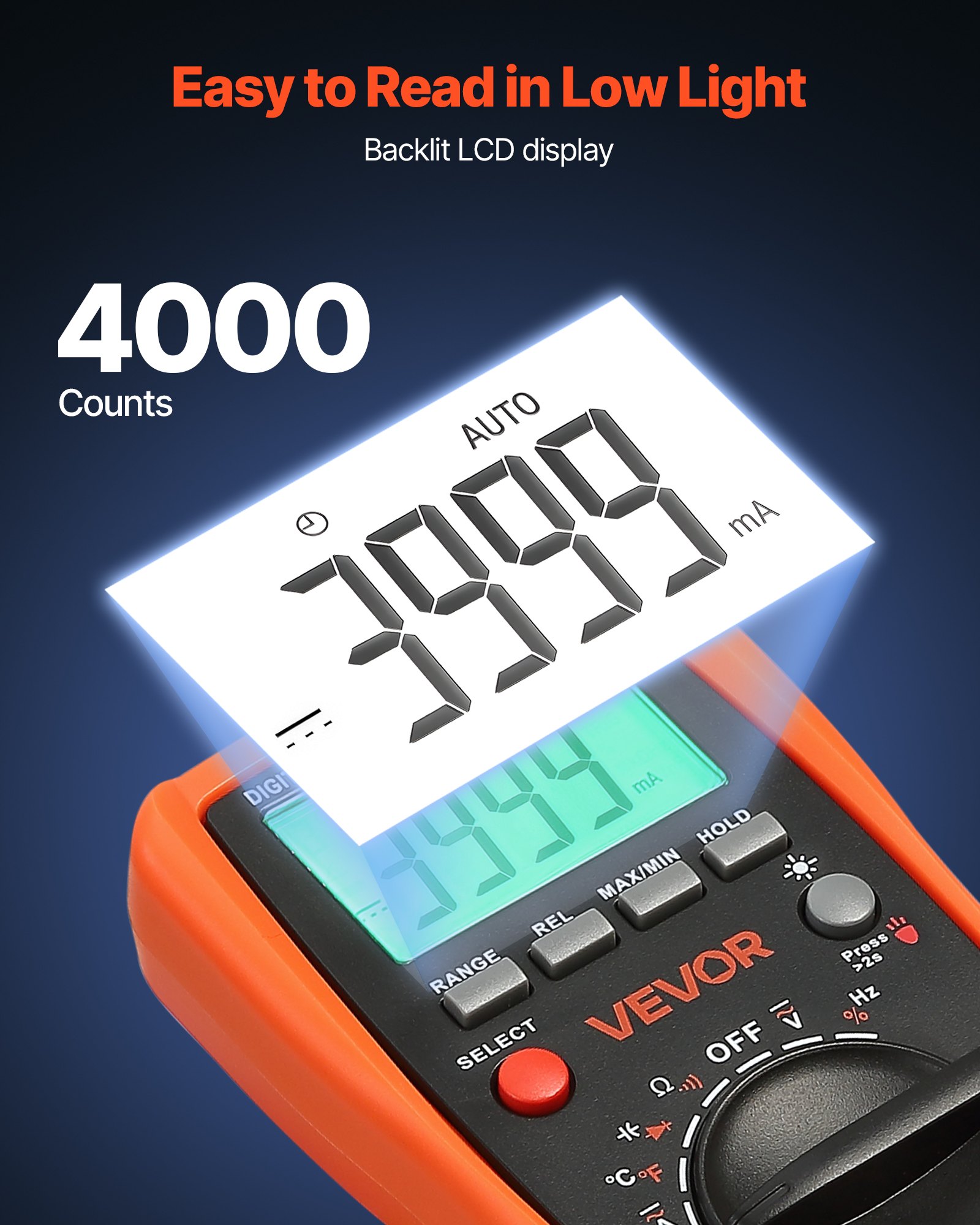 VEVOR digitale multimeter, 4000 TRMS DC/AC voltmeter, stroomtester, multimeter met automatisch bereik voor stroom, spanning, weerstand, capaciteit, temperatuur, diodes, continuïteit en duty cycle