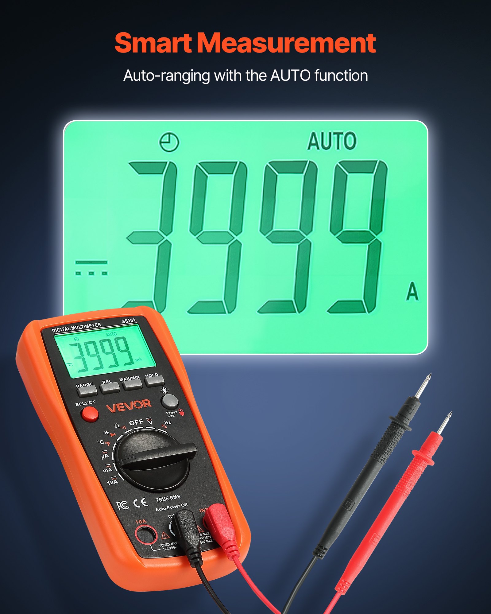 VEVOR digitale multimeter, 4000 TRMS DC/AC voltmeter, stroomtester, multimeter met automatisch bereik voor stroom, spanning, weerstand, capaciteit, temperatuur, diodes, continuïteit en duty cycle