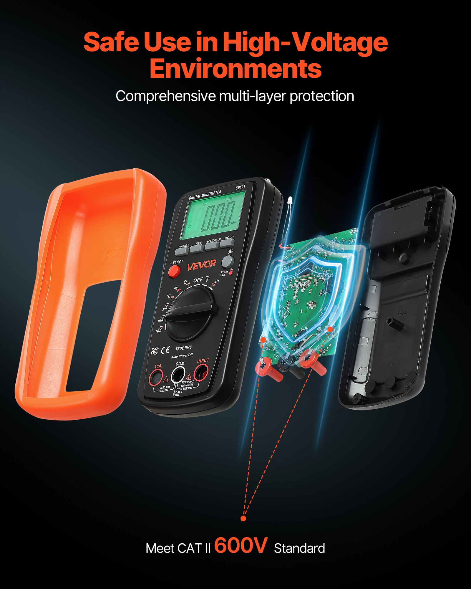 VEVOR digitale multimeter, 4000 TRMS DC/AC voltmeter, stroomtester, multimeter met automatisch bereik voor stroom, spanning, weerstand, capaciteit, temperatuur, diodes, continuïteit en duty cycle