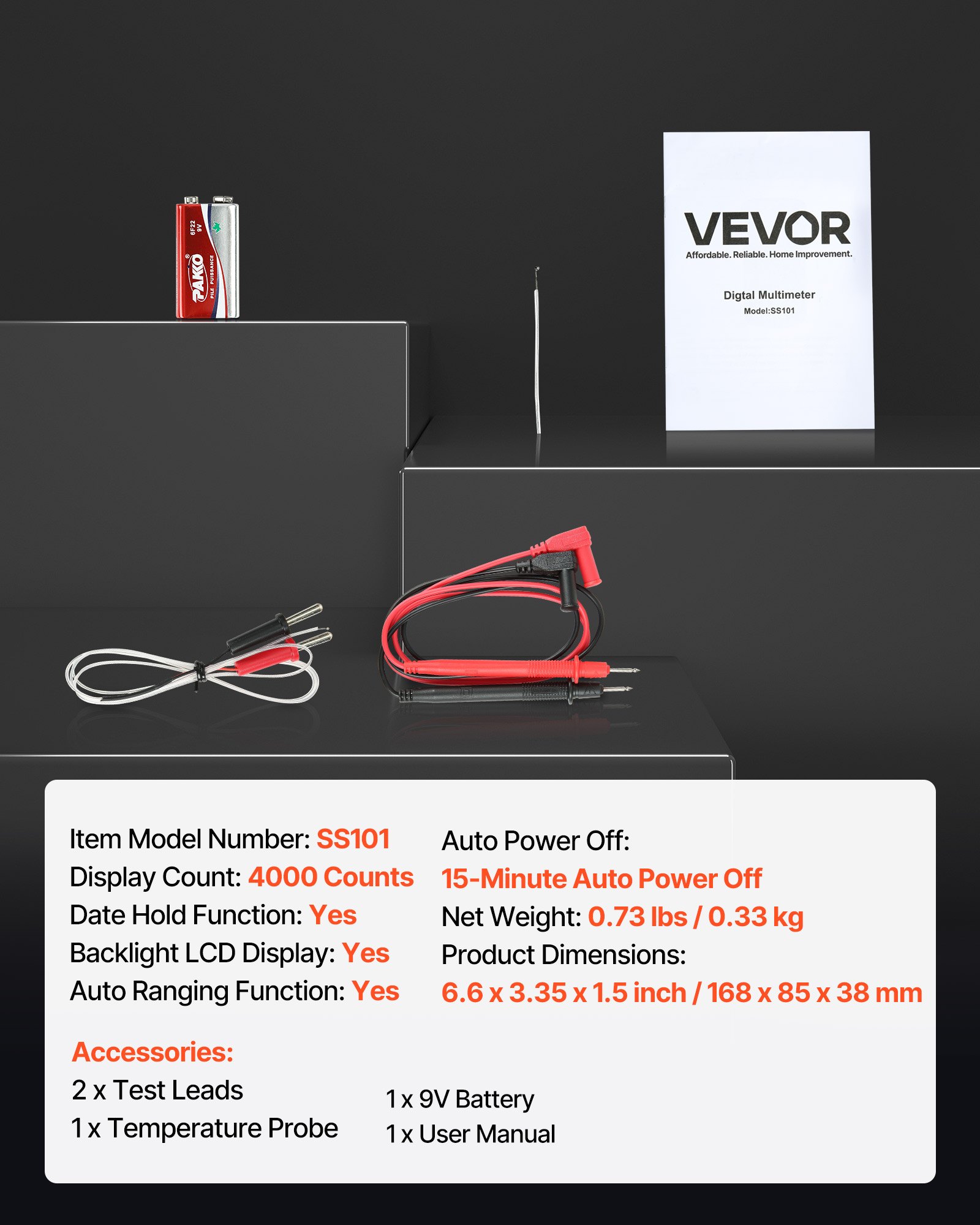 VEVOR digitale multimeter, 4000 TRMS DC/AC voltmeter, stroomtester, multimeter met automatisch bereik voor stroom, spanning, weerstand, capaciteit, temperatuur, diodes, continuïteit en duty cycle