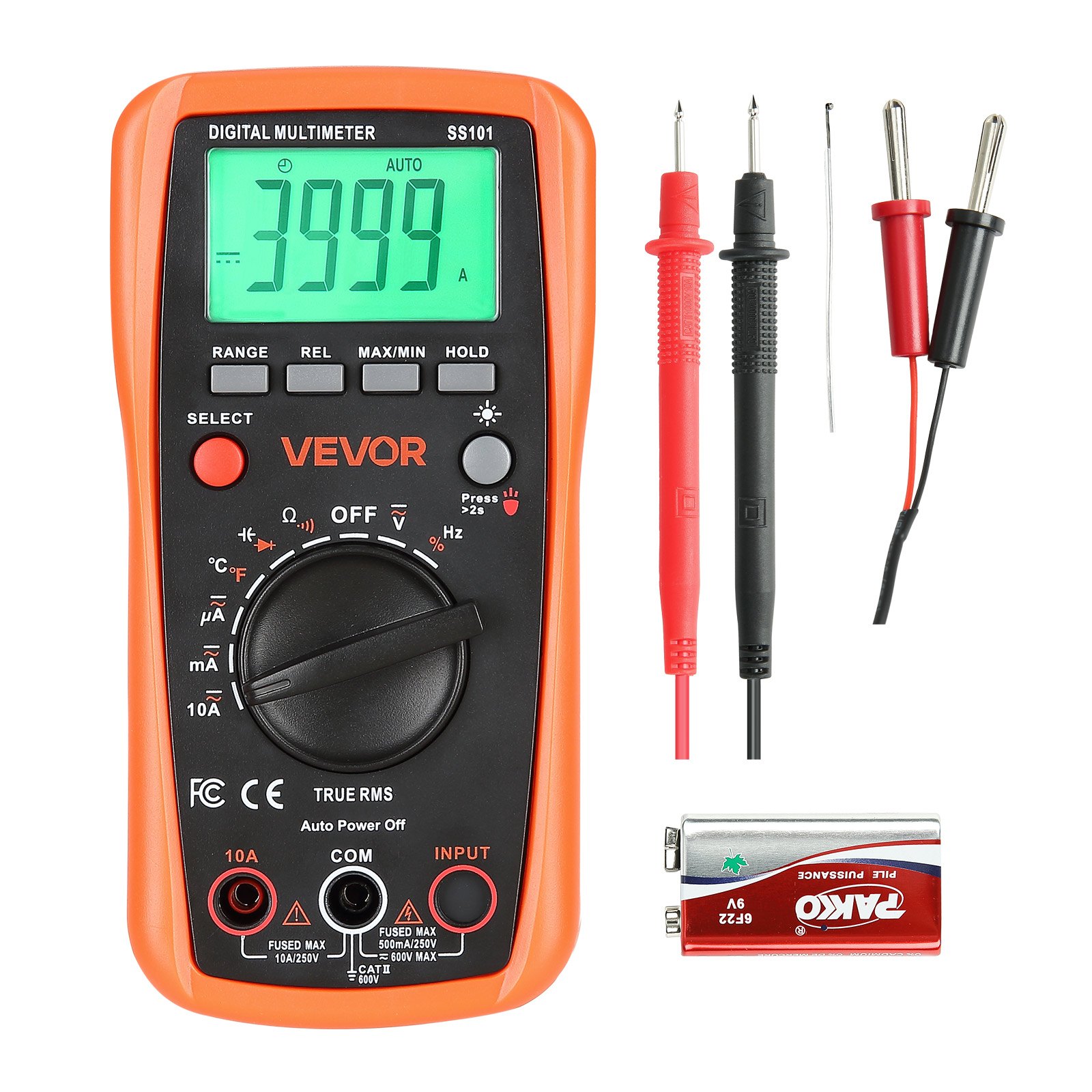 VEVOR digitale multimeter, 4000 TRMS DC/AC voltmeter, stroomtester, multimeter met automatisch bereik voor stroom, spanning, weerstand, capaciteit, temperatuur, diodes, continuïteit en duty cycle