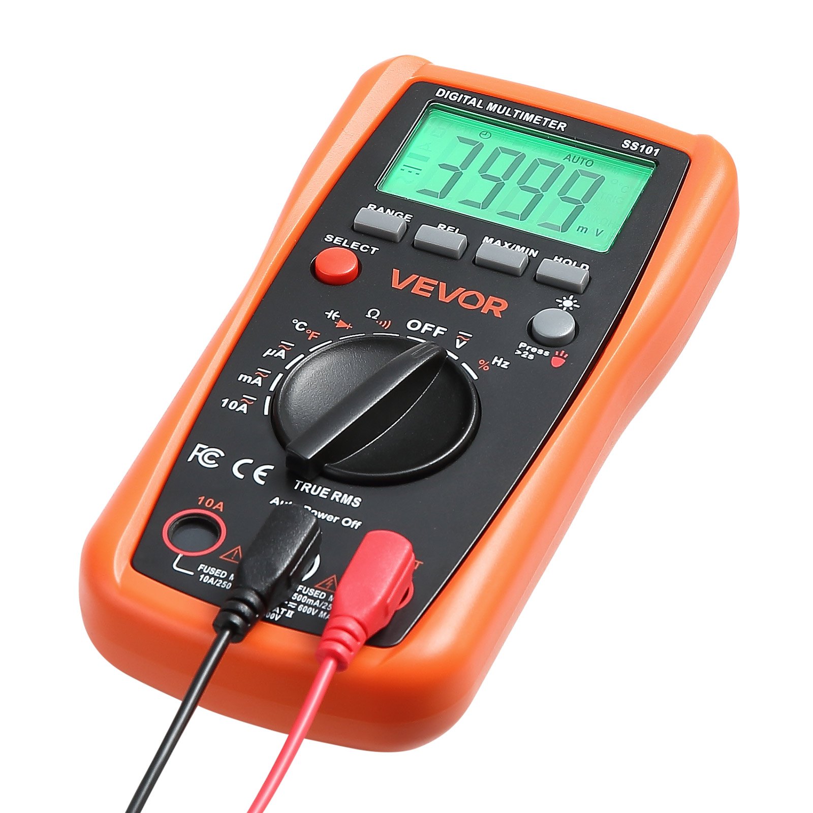 VEVOR digitale multimeter, 4000 TRMS DC/AC voltmeter, stroomtester, multimeter met automatisch bereik voor stroom, spanning, weerstand, capaciteit, temperatuur, diodes, continuïteit en duty cycle
