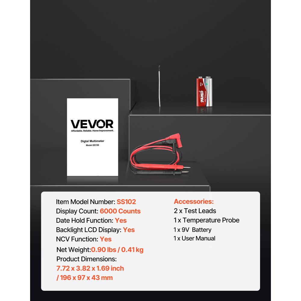 VEVOR digitale multimeter, 6000 TRMS DC/AC voltmeter, stroomtester, NCV-multimeter voor stroom, spanning, weerstand, duty cycle, temperatuur, diodes, doorgangstest met spanningvoerende draad