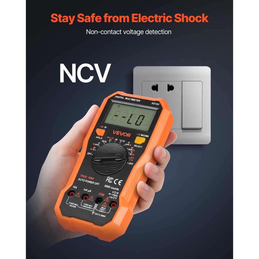 VEVOR digitale multimeter, 6000 TRMS DC/AC voltmeter, stroomtester, NCV-multimeter voor stroom, spanning, weerstand, duty cycle, temperatuur, diodes, doorgangstest met spanningvoerende draad