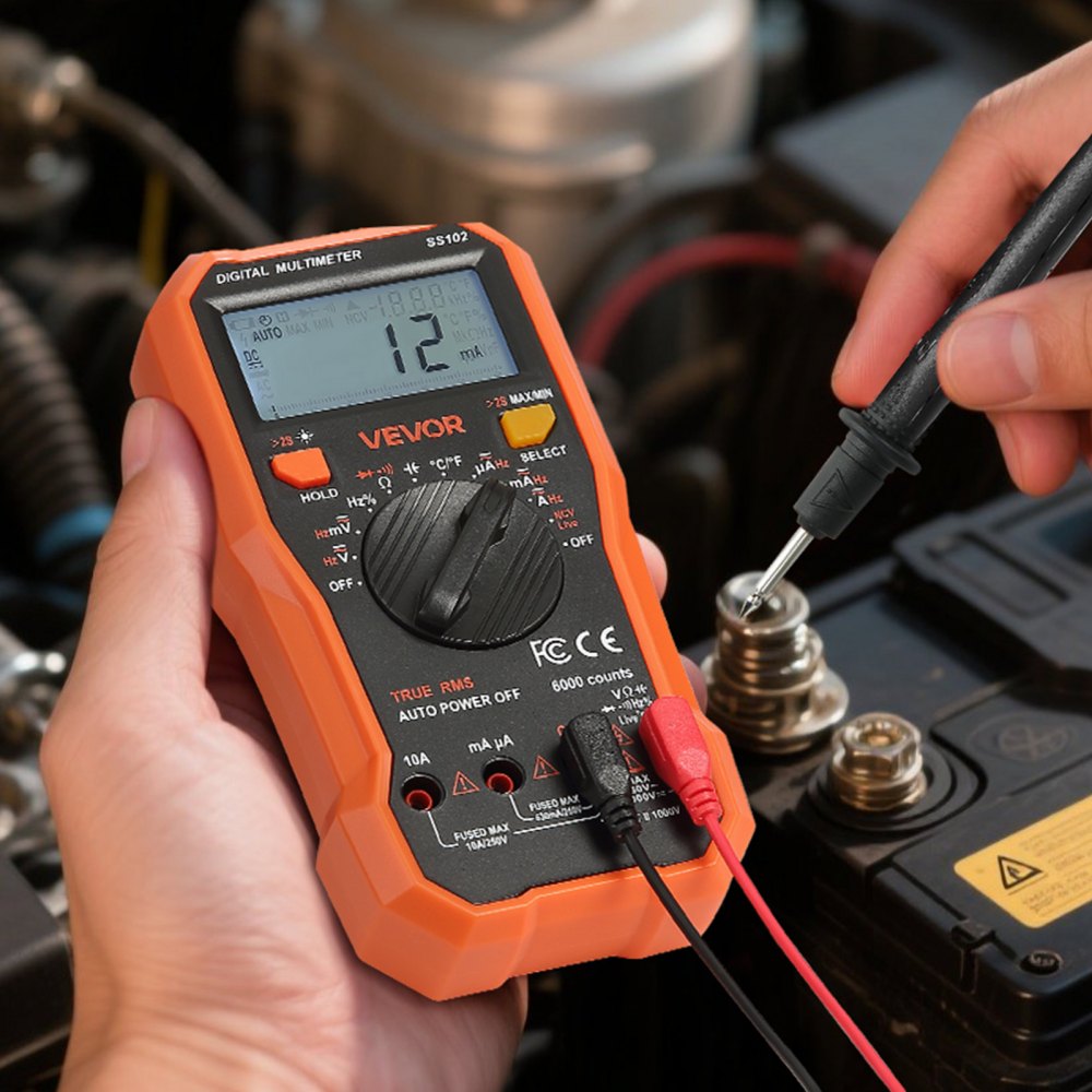 VEVOR digitale multimeter, 6000 TRMS DC/AC voltmeter, stroomtester, NCV-multimeter voor stroom, spanning, weerstand, duty cycle, temperatuur, diodes, doorgangstest met spanningvoerende draad