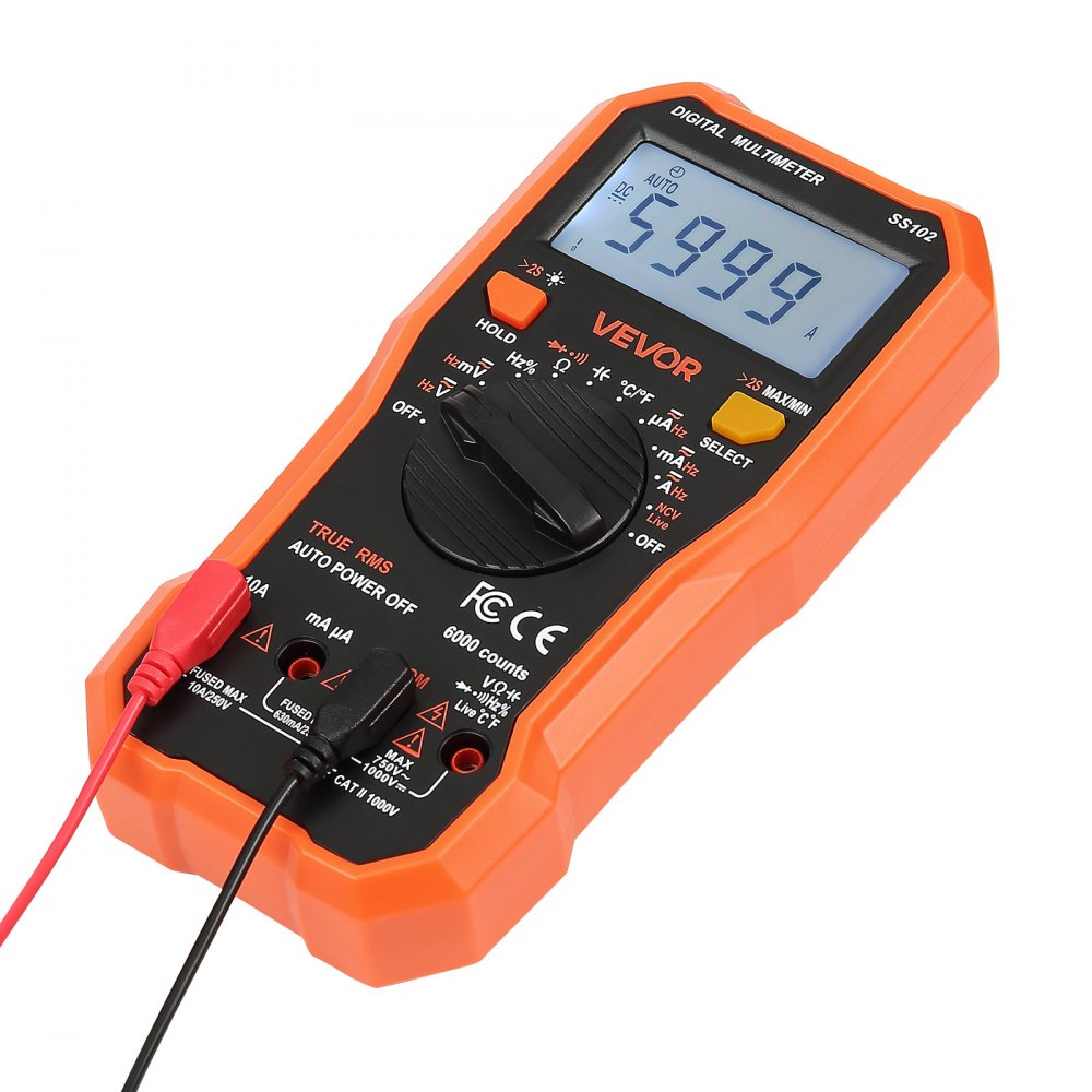 VEVOR digitale multimeter, 6000 TRMS DC/AC voltmeter, stroomtester, NCV-multimeter voor stroom, spanning, weerstand, duty cycle, temperatuur, diodes, doorgangstest met spanningvoerende draad