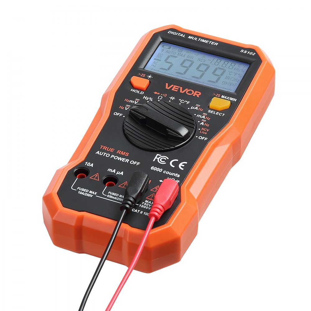 VEVOR digitale multimeter, 6000 TRMS DC/AC voltmeter, stroomtester, NCV-multimeter voor stroom, spanning, weerstand, duty cycle, temperatuur, diodes, doorgangstest met spanningvoerende draad