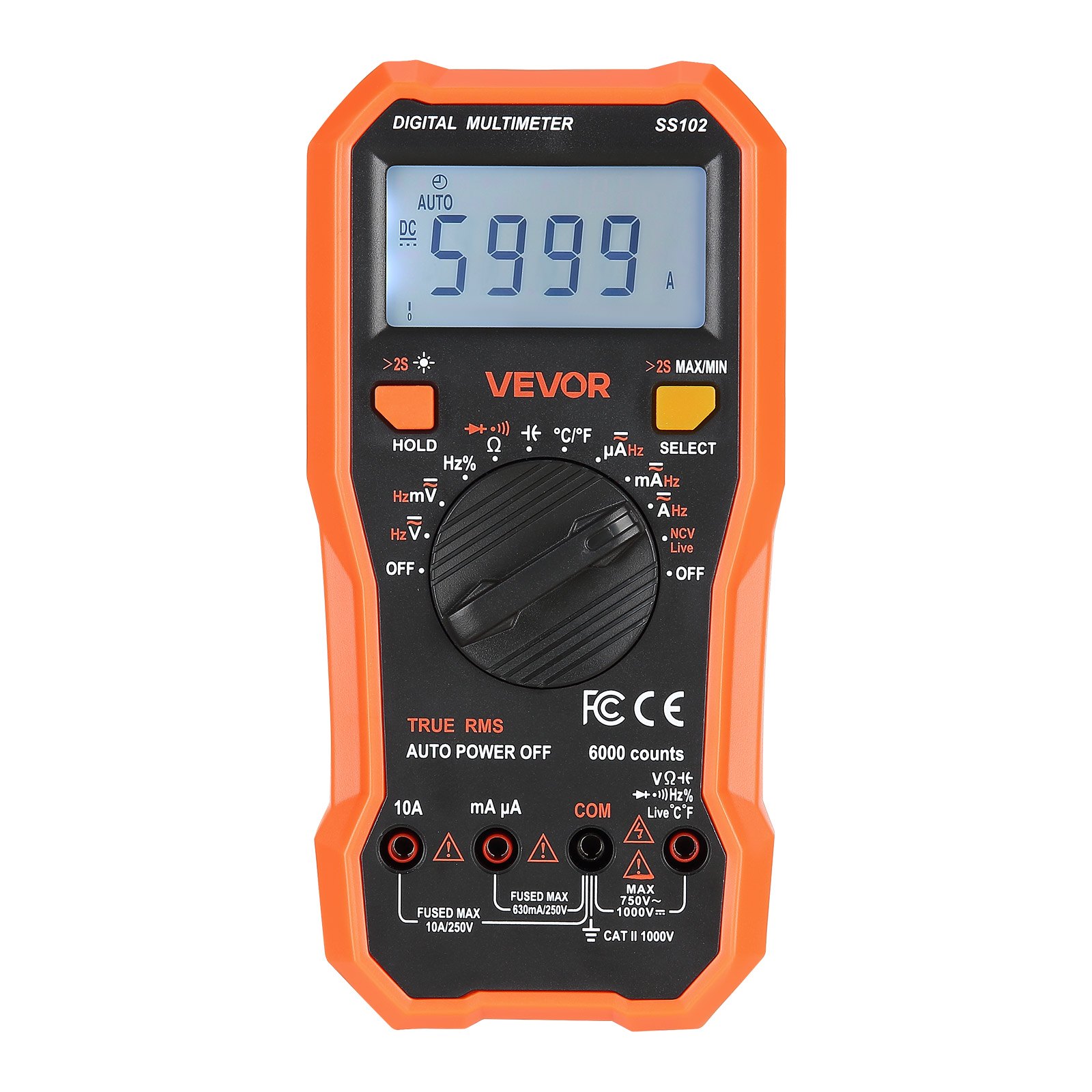 VEVOR digitale multimeter, 6000 TRMS DC/AC voltmeter, stroomtester, NCV-multimeter voor stroom, spanning, weerstand, duty cycle, temperatuur, diodes, doorgangstest met spanningvoerende draad