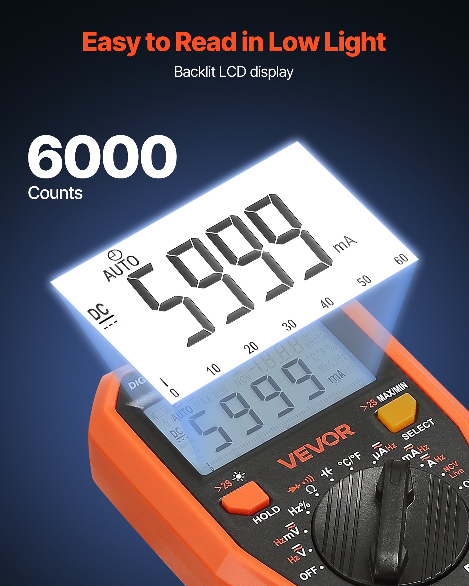 VEVOR digitale multimeter, 6000 TRMS DC/AC voltmeter, stroomtester, NCV-multimeter voor stroom, spanning, weerstand, duty cycle, temperatuur, diodes, doorgangstest met spanningvoerende draad