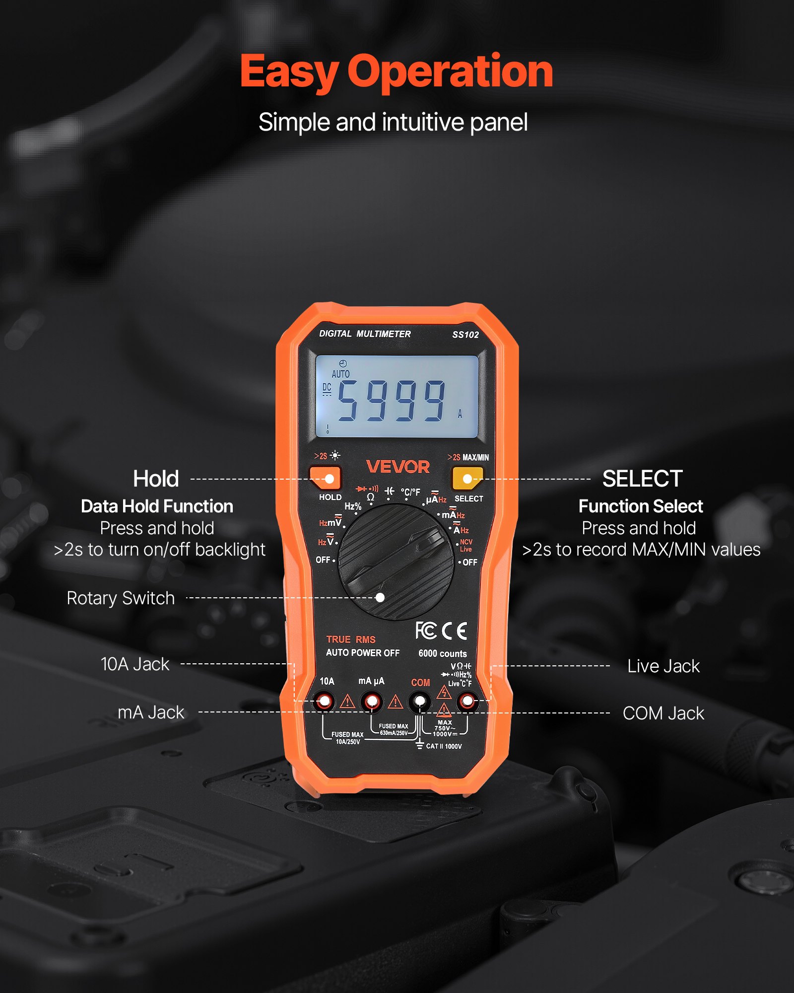 VEVOR digitale multimeter, 6000 TRMS DC/AC voltmeter, stroomtester, NCV-multimeter voor stroom, spanning, weerstand, duty cycle, temperatuur, diodes, doorgangstest met spanningvoerende draad