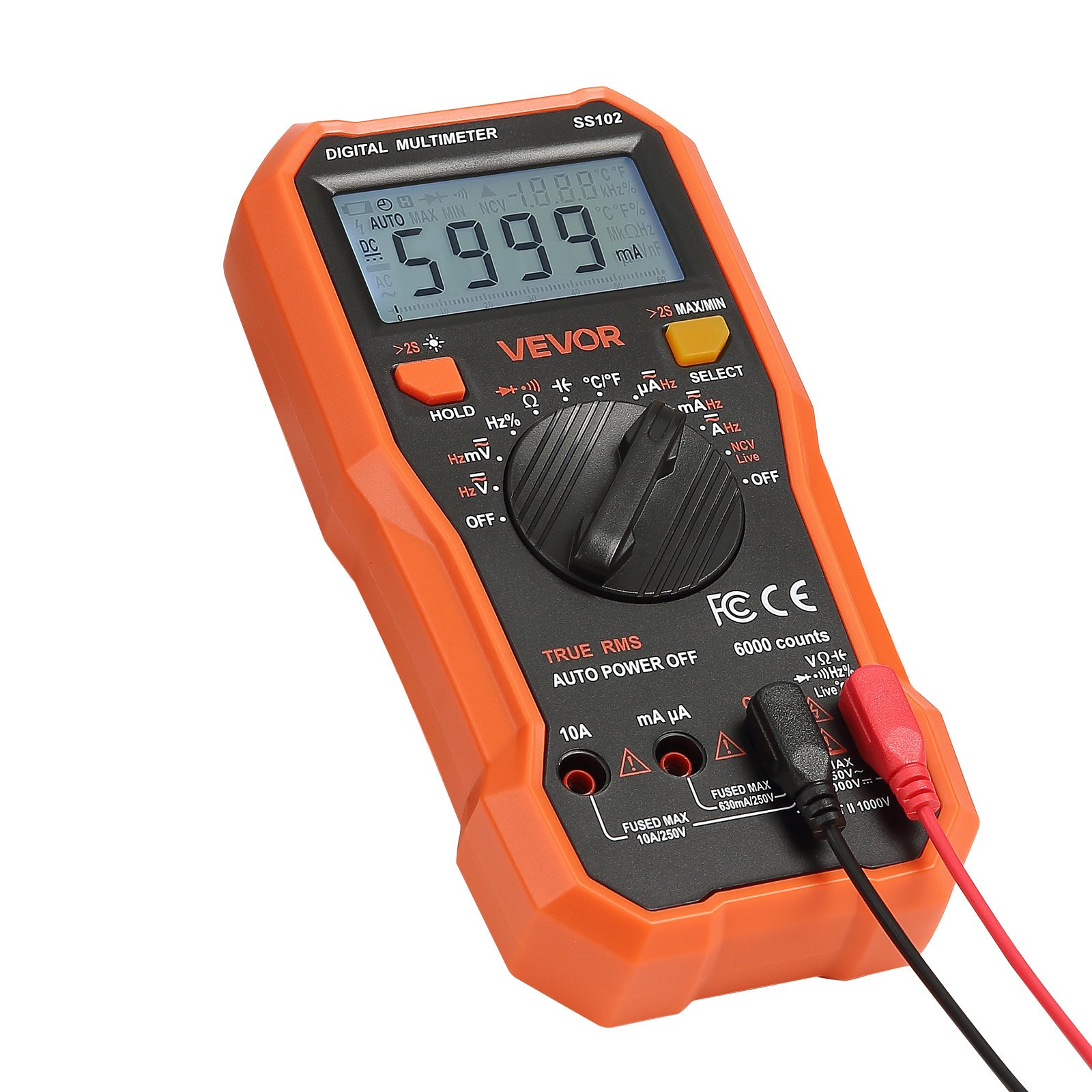 VEVOR digitale multimeter, 6000 TRMS DC/AC voltmeter, stroomtester, NCV-multimeter voor stroom, spanning, weerstand, duty cycle, temperatuur, diodes, doorgangstest met spanningvoerende draad