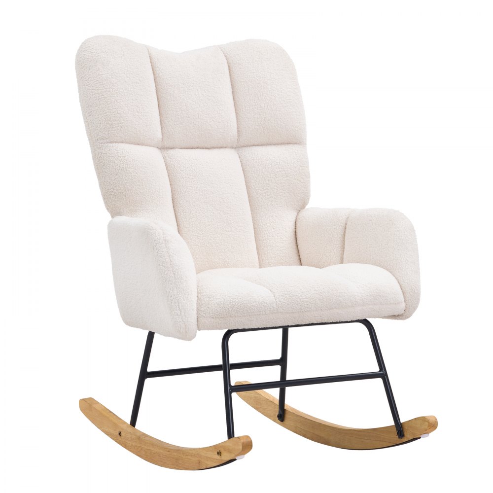 VEVOR rocking chair nursery, plush white upholstery, high back, cushioned armrests, wooden rocker legs.