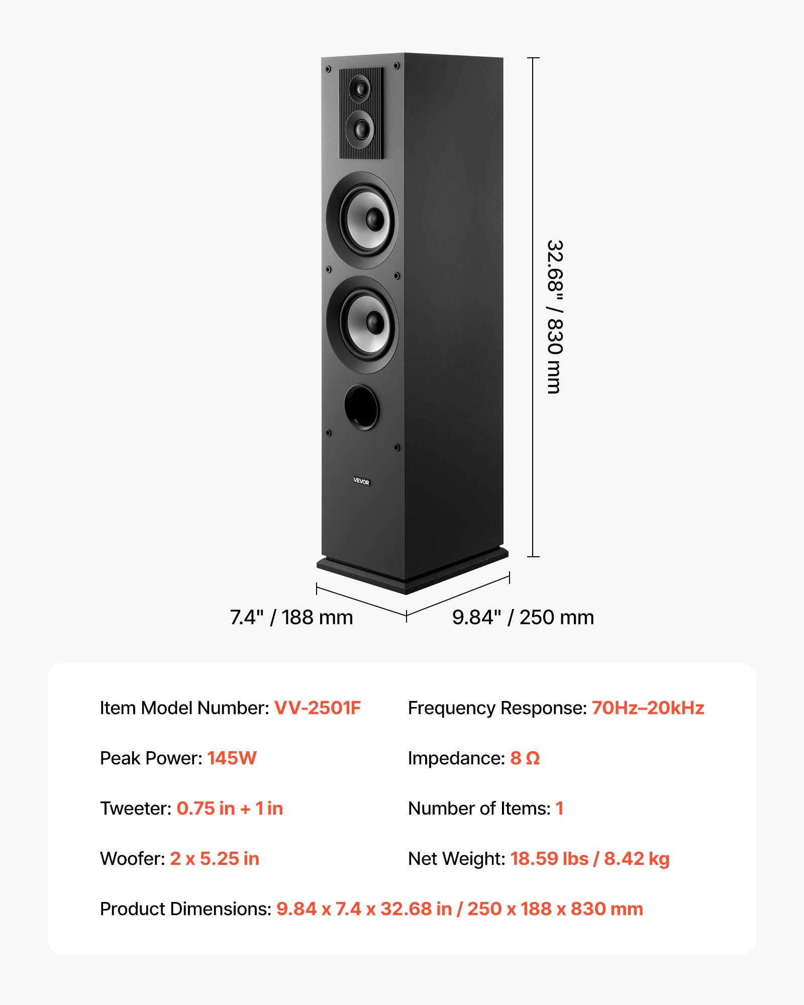 VEVOR Passief staande luidsprekers, 3-weg systeem met 1,91/2,54 cm tweeter, dubbele 13,34 cm woofer, 145 W piekvermogen, frequentiebereik 70 Hz - 20 kHz, MDF-behuizing, voor thuisaudio, enkel