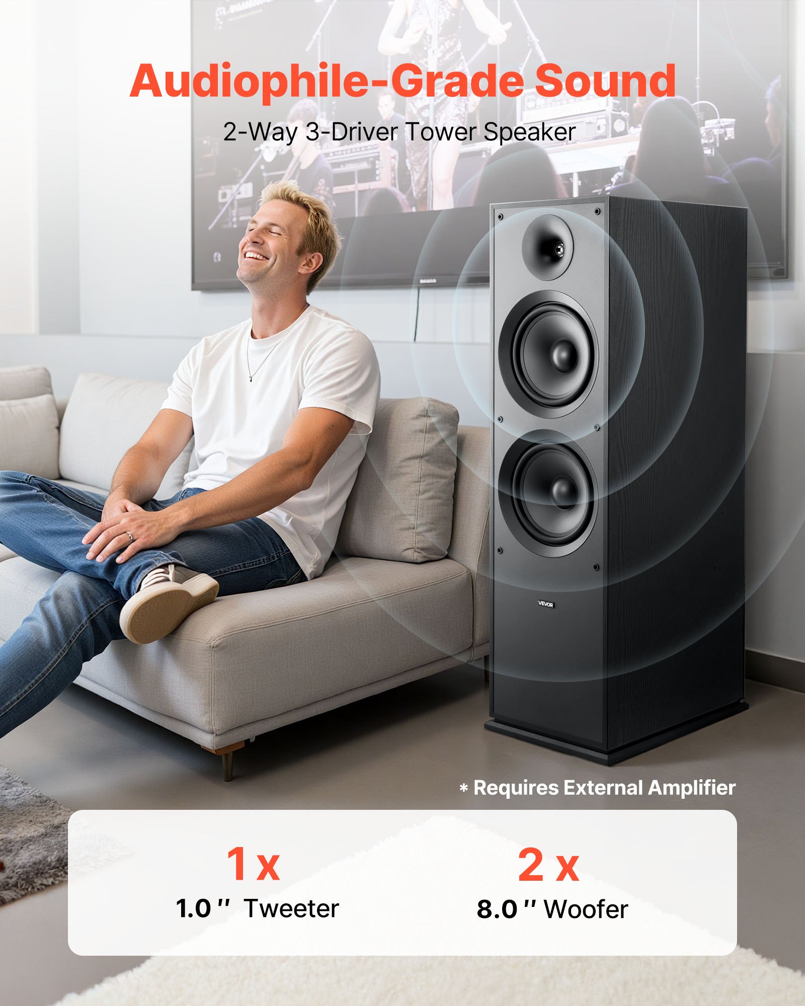 VEVOR Passief 2-weg vloerstaand luidsprekersysteem met 1-inch tweeter en twee 8-inch woofers, 600W piekvermogen, frequentiebereik van 50Hz-20kHz, robuuste MDF-behuizing, voor thuisaudio, enkel