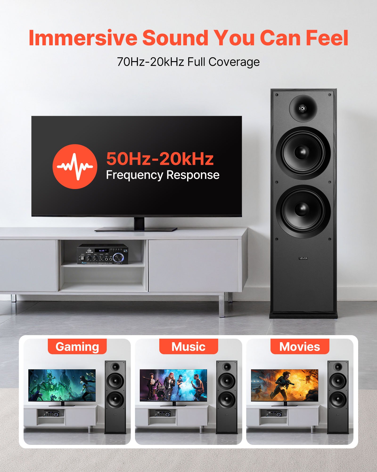 VEVOR Passief 2-weg vloerstaand luidsprekersysteem met 1-inch tweeter en twee 8-inch woofers, 600W piekvermogen, frequentiebereik van 50Hz-20kHz, robuuste MDF-behuizing, voor thuisaudio, enkel