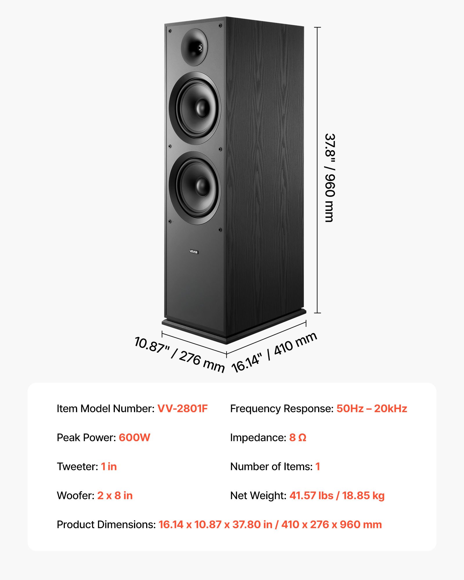 VEVOR Passief 2-weg vloerstaand luidsprekersysteem met 1-inch tweeter en twee 8-inch woofers, 600W piekvermogen, frequentiebereik van 50Hz-20kHz, robuuste MDF-behuizing, voor thuisaudio, enkel