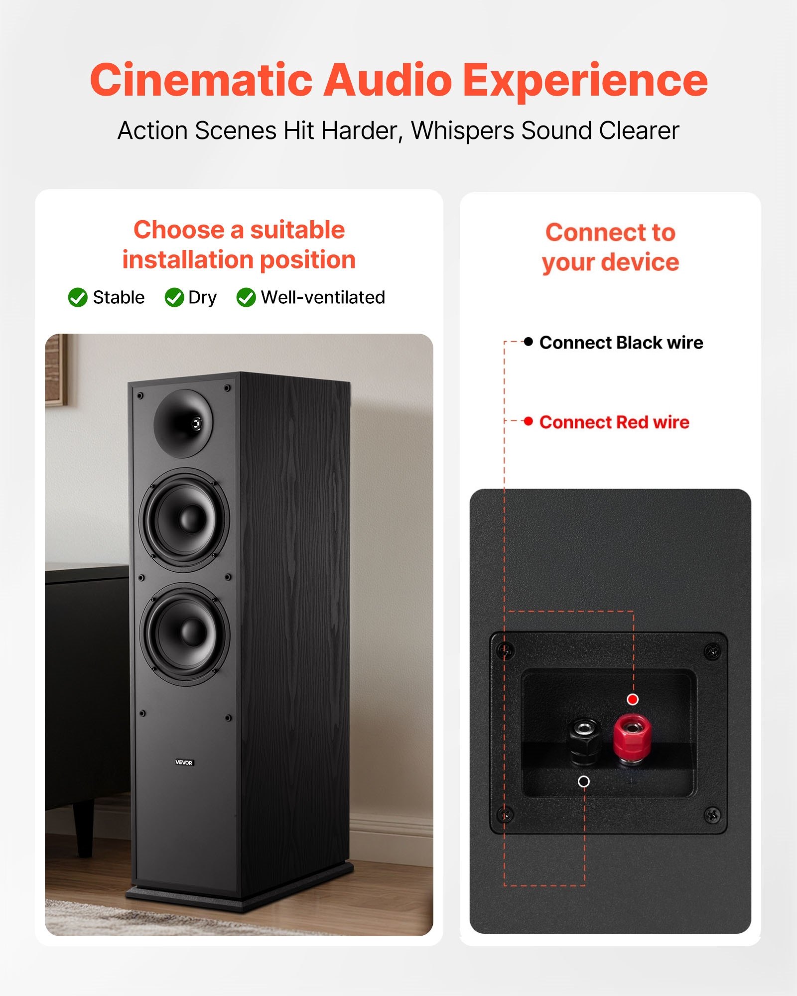 VEVOR Passive Floorstanding Speakers, 2-Way, Floor-Standing Tower Speakers with 1 in Tweeter, 6.5 in Woofers, 400W Peak, 65Hz–20kHz Frequency Response, Durable MDF Enclosure, for Home Audio, Pair