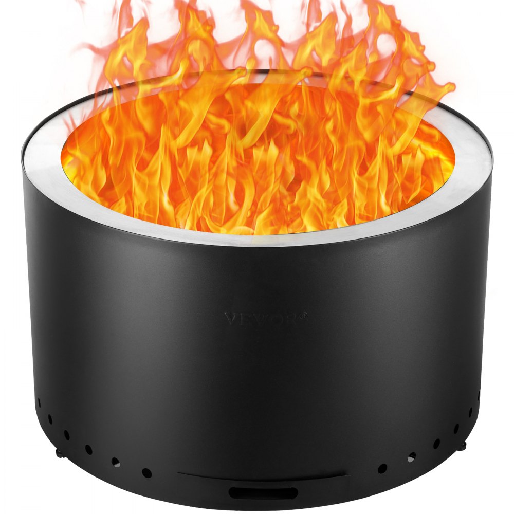 VEVOR smokeless fire pit with vibrant flames, black exterior, and air holes at the bottom.