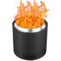 VEVOR smokeless fire pit with high flames in a sleek black cylindrical design.