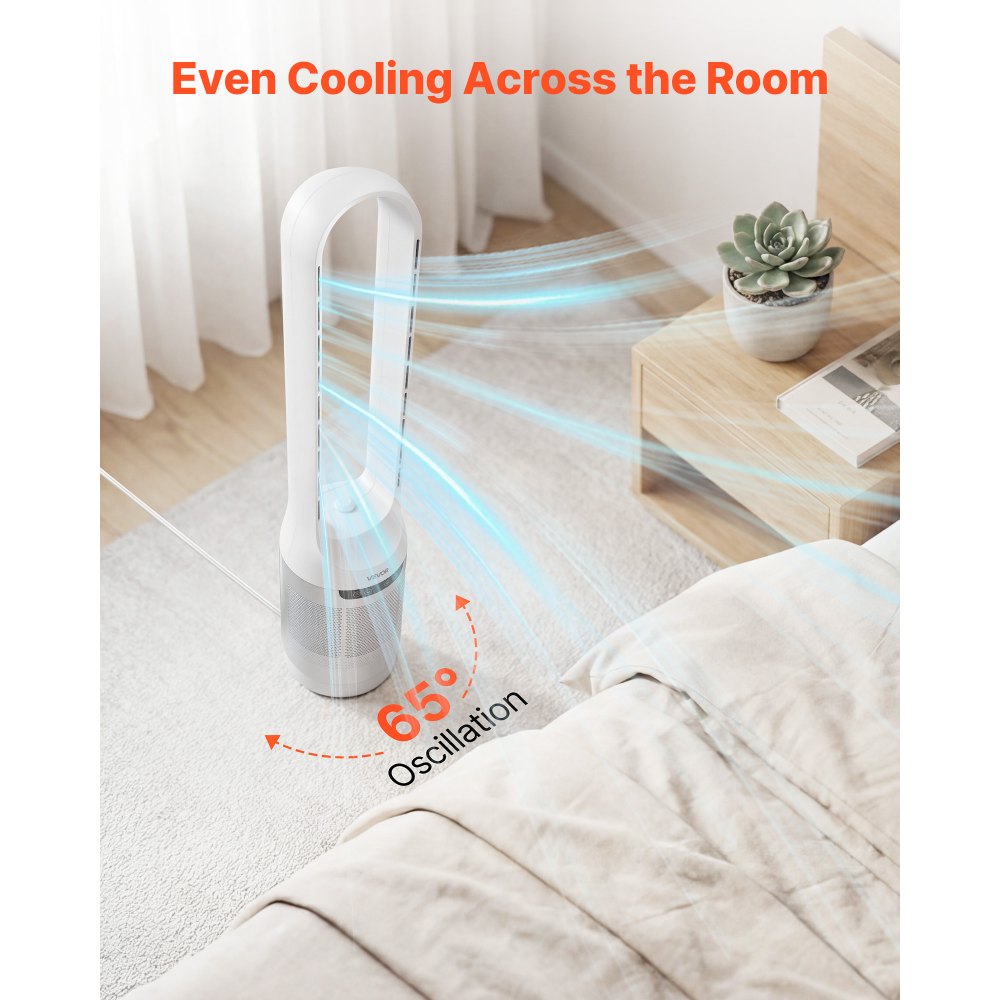 VEVOR Bladeloze Torenventilator, 104 cm kolomventilator met 12 snelheden, max. 4,5 m/s, 4 standen, 8-uurs timer, 65° zwenkende staande ventilator met afstandsbediening voor slaapkamer en kantoor, wit
